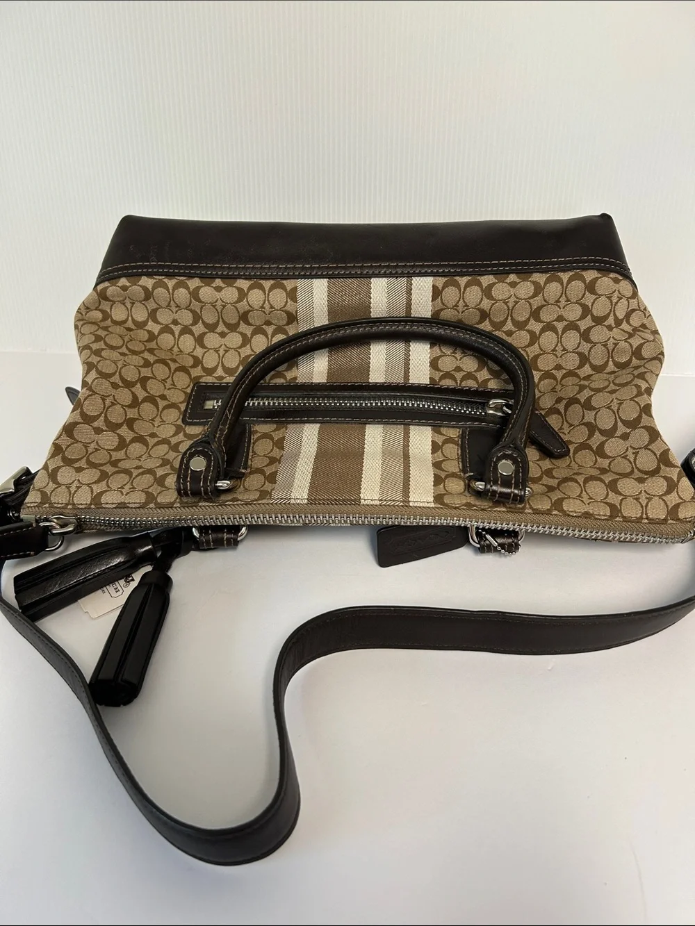 Coach NWT M1320-29622E Retired Striped East/West Satchel Leather Trim Bag